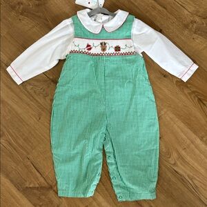 Petit Ami Christmas Green Gingham Romper with Embroidery 24M NWT